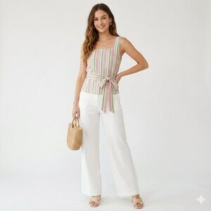 *Monteau Stripped Square Neckline Tie Waist Blouse